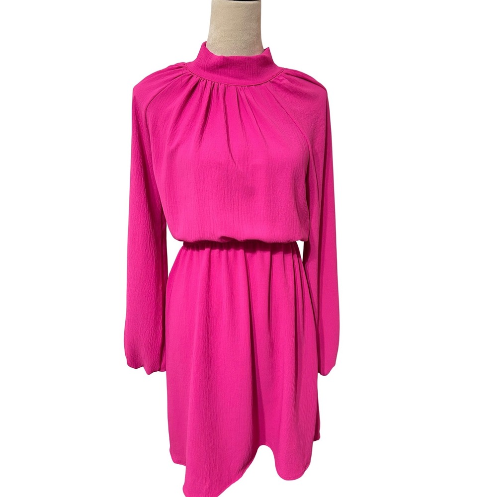 2 Hearts‎ Hot Pink Mock Neck Tie Back Long Sleeve Dress